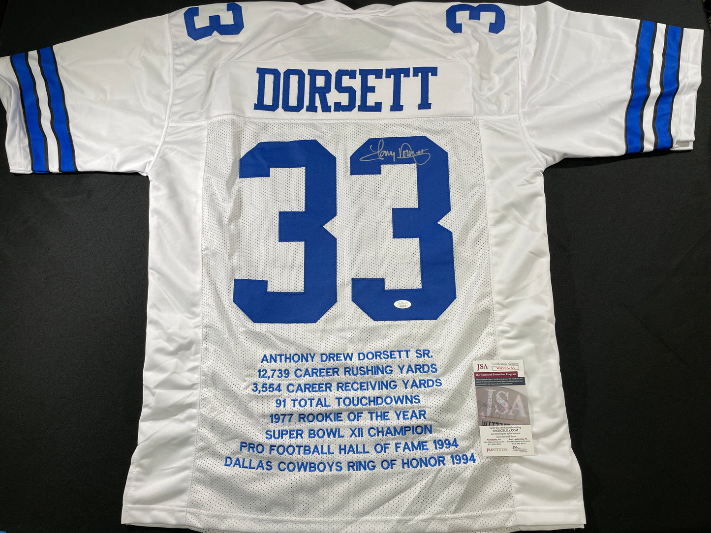 TONY DORSETT DALLAS COWBOYS SIGNED HOME STAT JERSEY Pitt Panthers JSA
