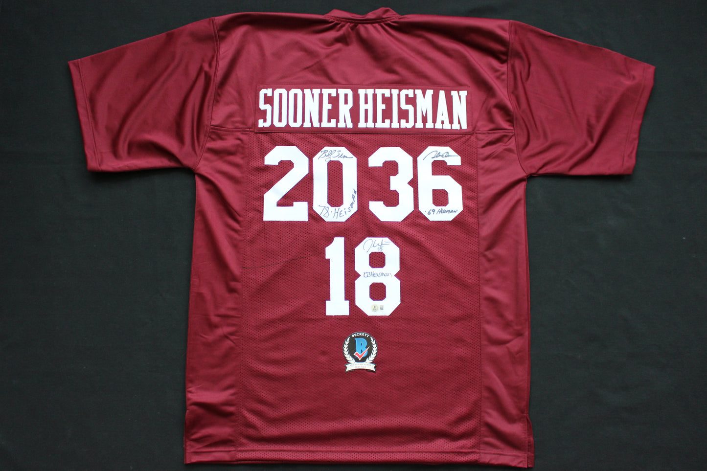 STEVE OWENS BILLY SIMS JASON WHITE SIGNED OU SOONERS HEISMAN JERSEY BAS