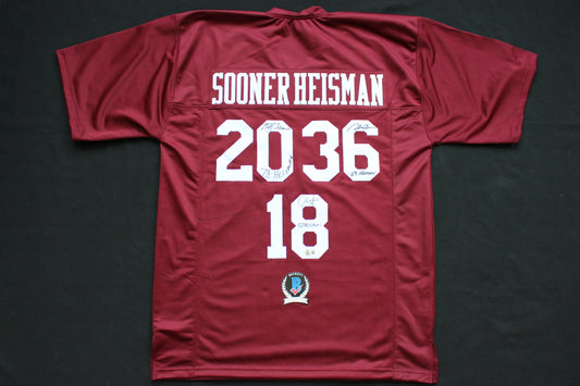 STEVE OWENS BILLY SIMS JASON WHITE SIGNED OU SOONERS HEISMAN JERSEY BAS
