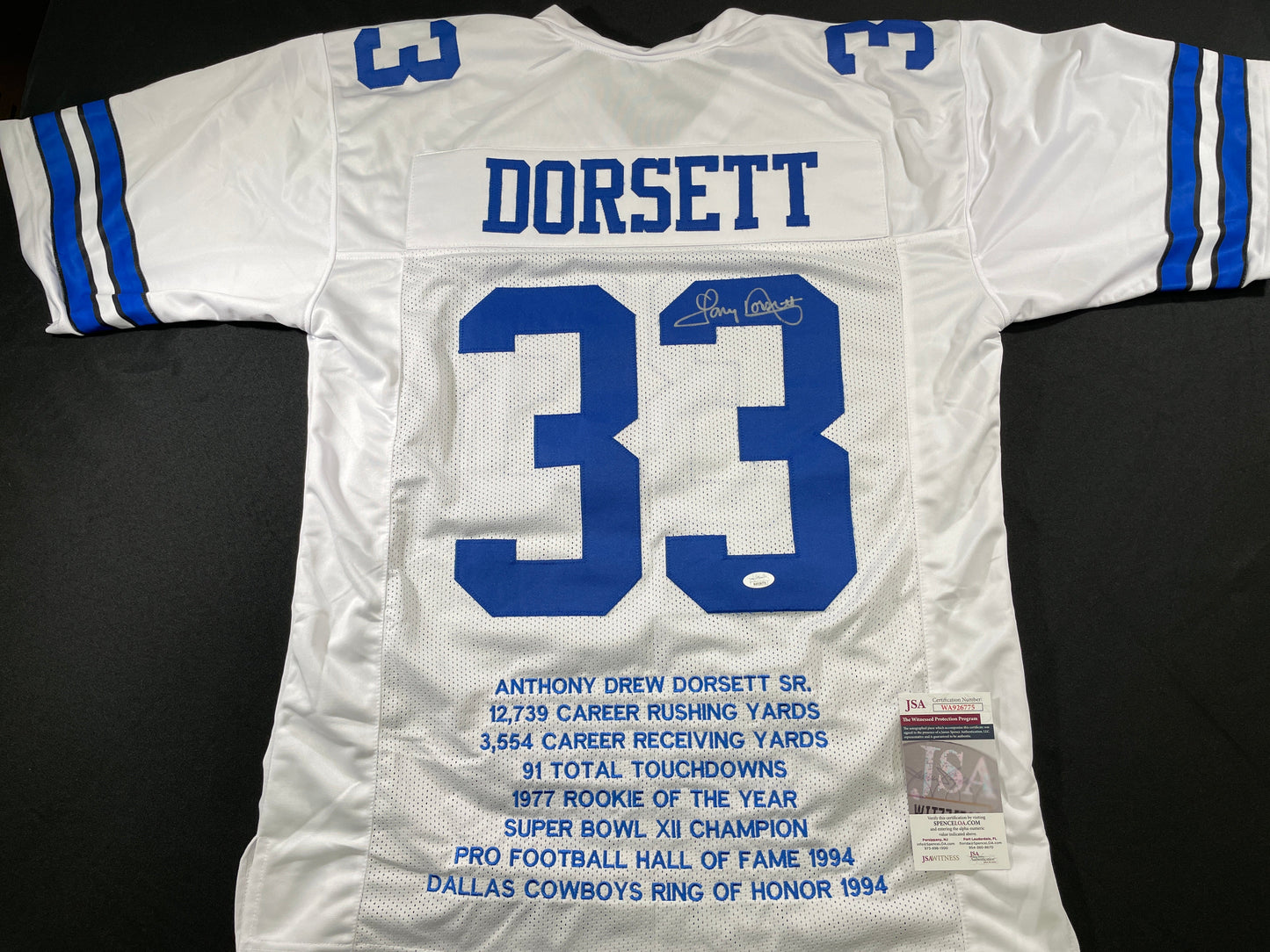 TONY DORSETT DALLAS COWBOYS SIGNED HOME STAT JERSEY Pitt Panthers JSA