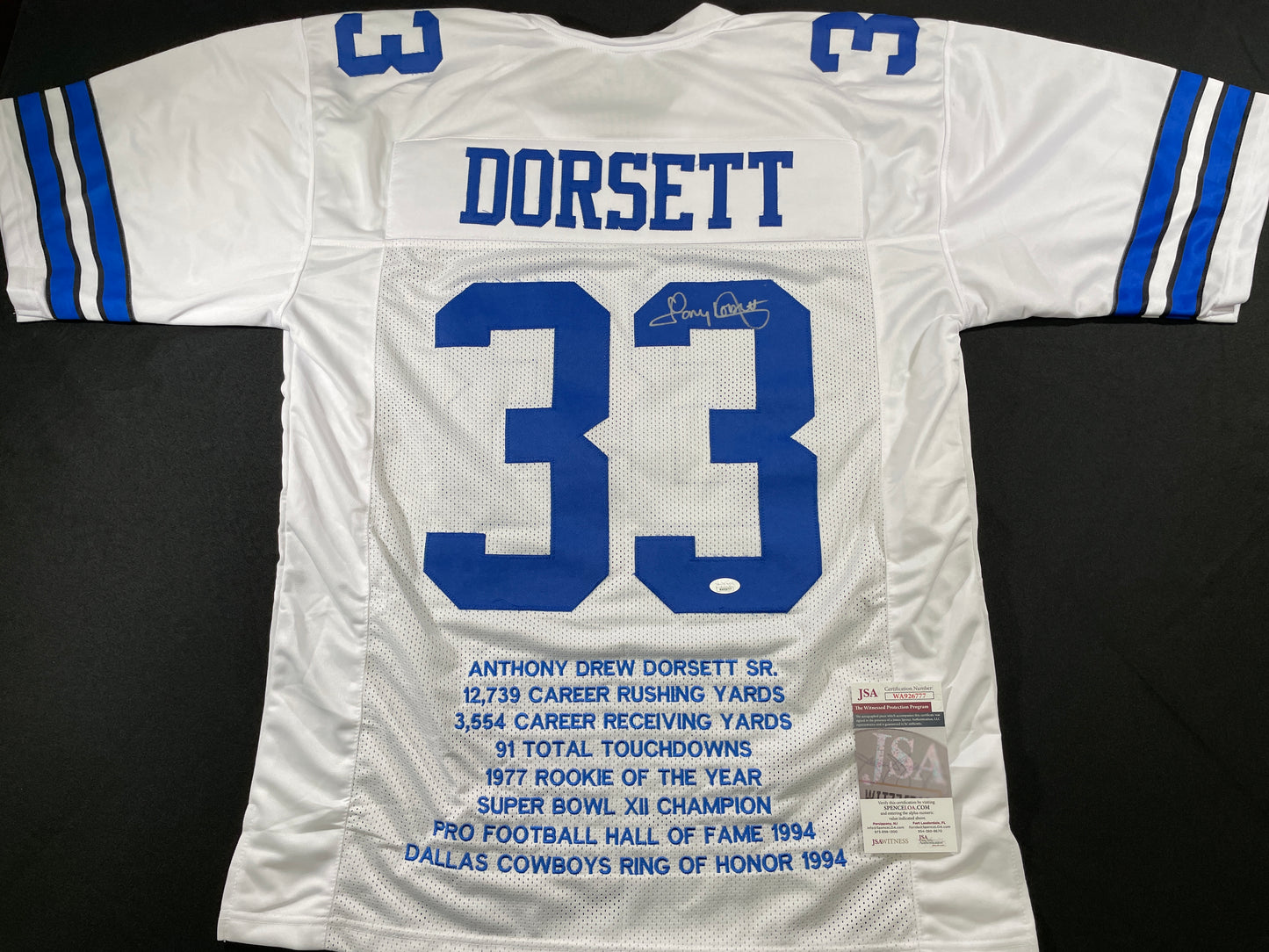 TONY DORSETT DALLAS COWBOYS SIGNED HOME STAT JERSEY Pitt Panthers JSA