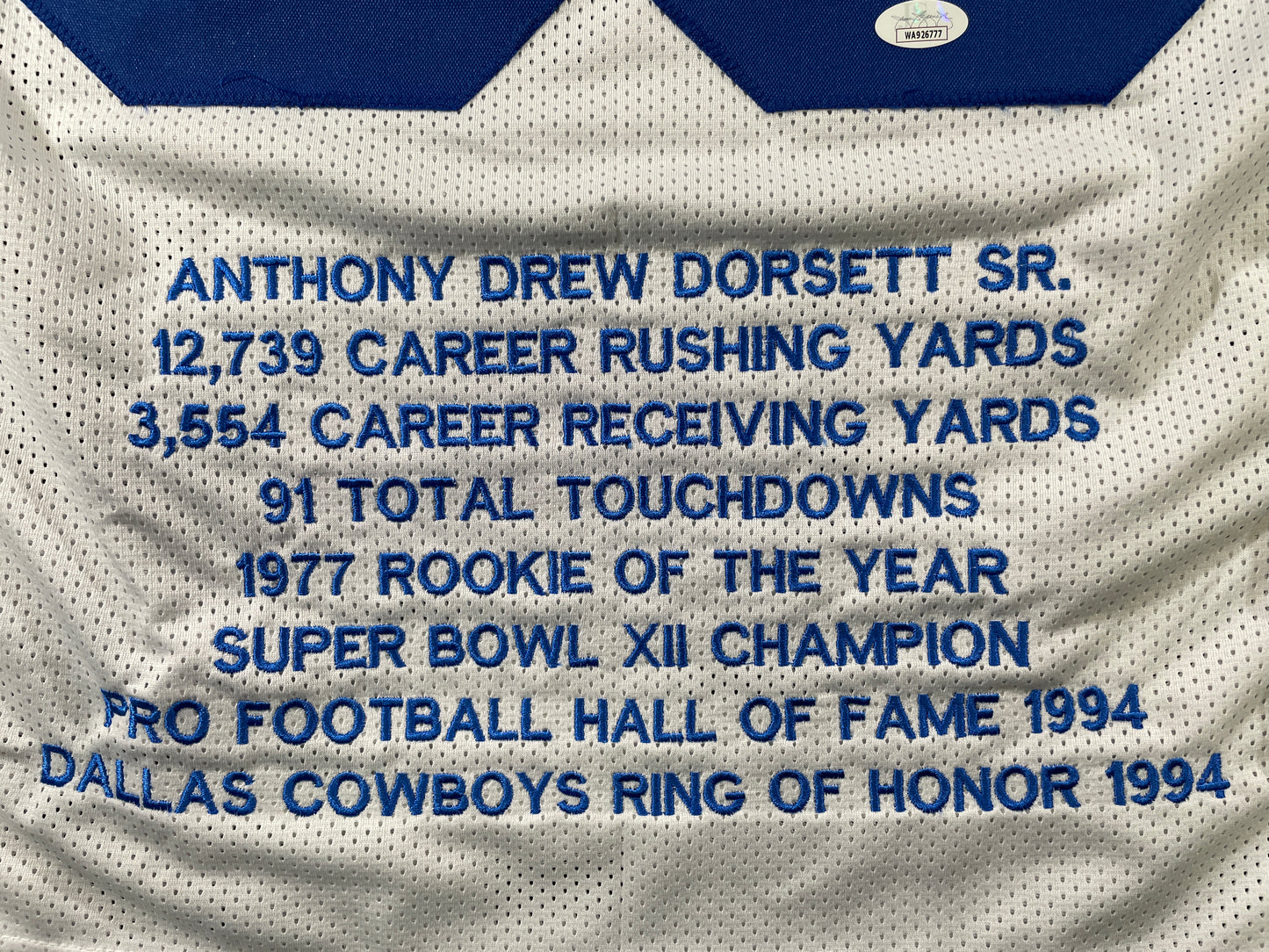 TONY DORSETT DALLAS COWBOYS SIGNED HOME STAT JERSEY Pitt Panthers JSA