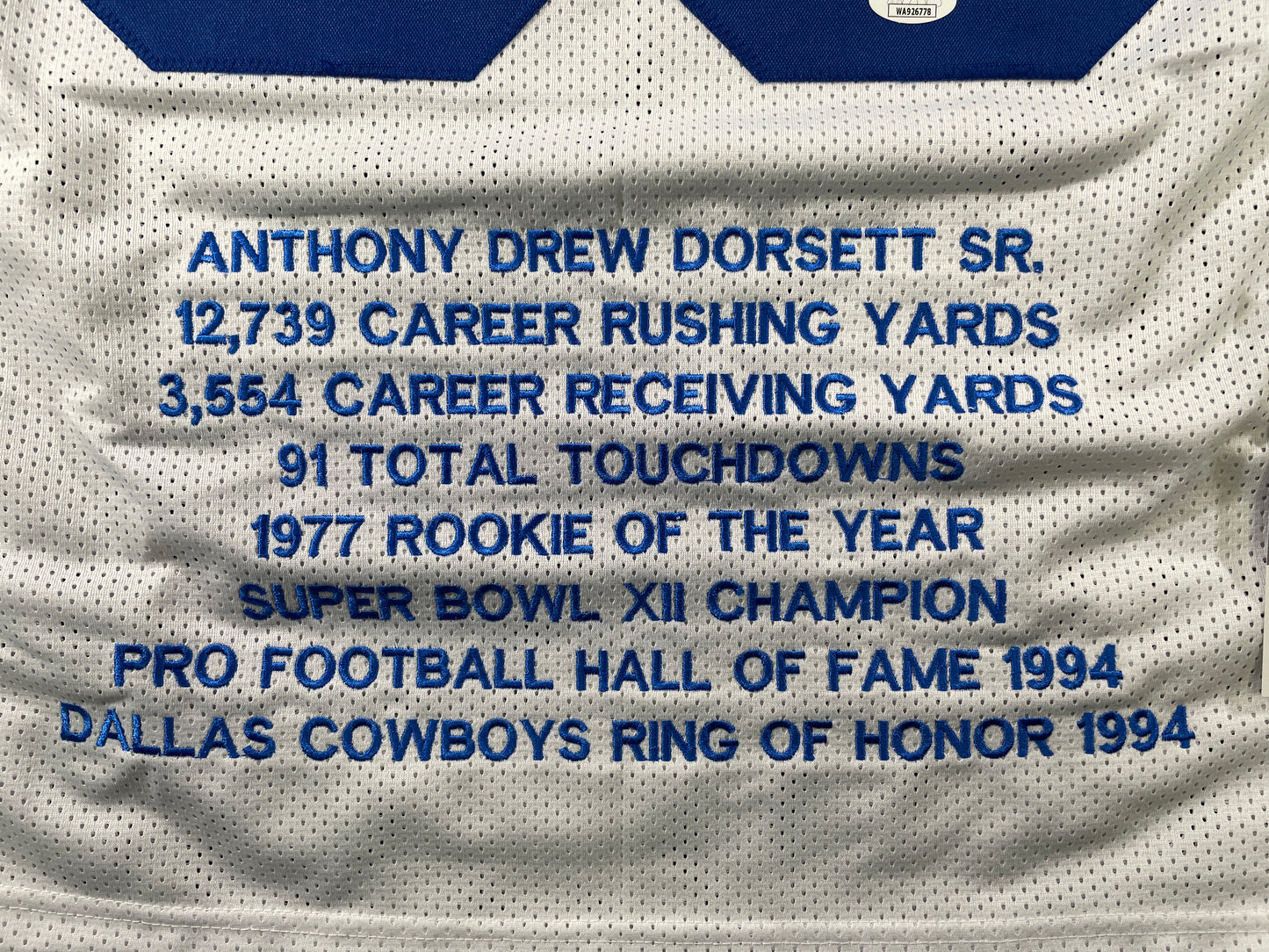 TONY DORSETT DALLAS COWBOYS SIGNED HOME STAT JERSEY Pitt Panthers JSA