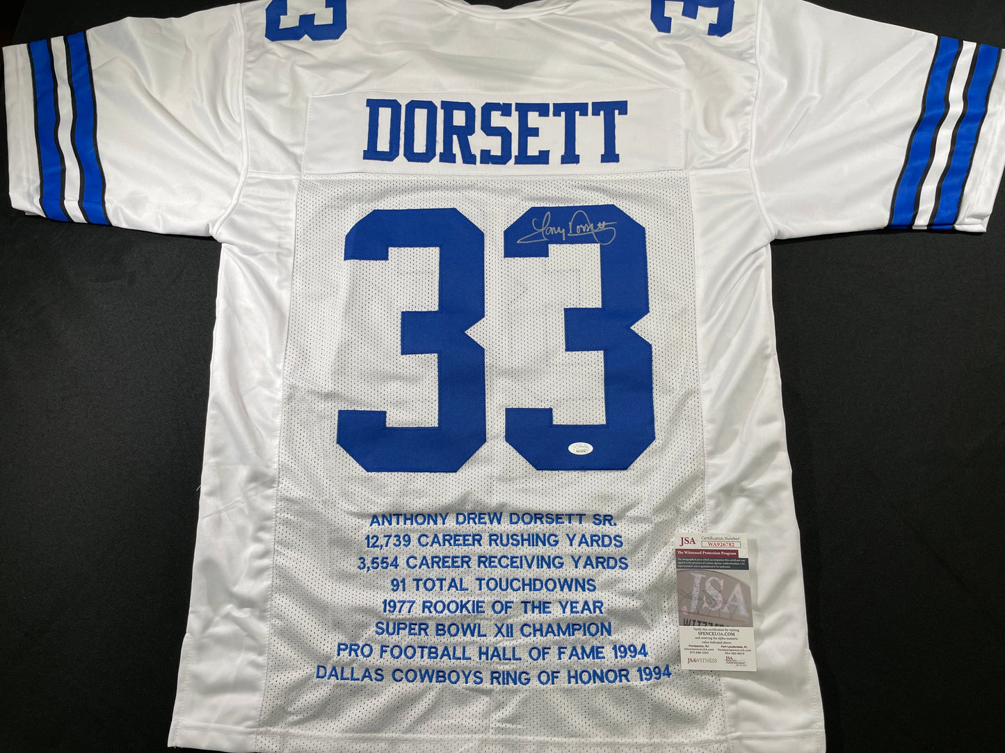 TONY DORSETT DALLAS COWBOYS SIGNED HOME STAT JERSEY Pitt Panthers JSA