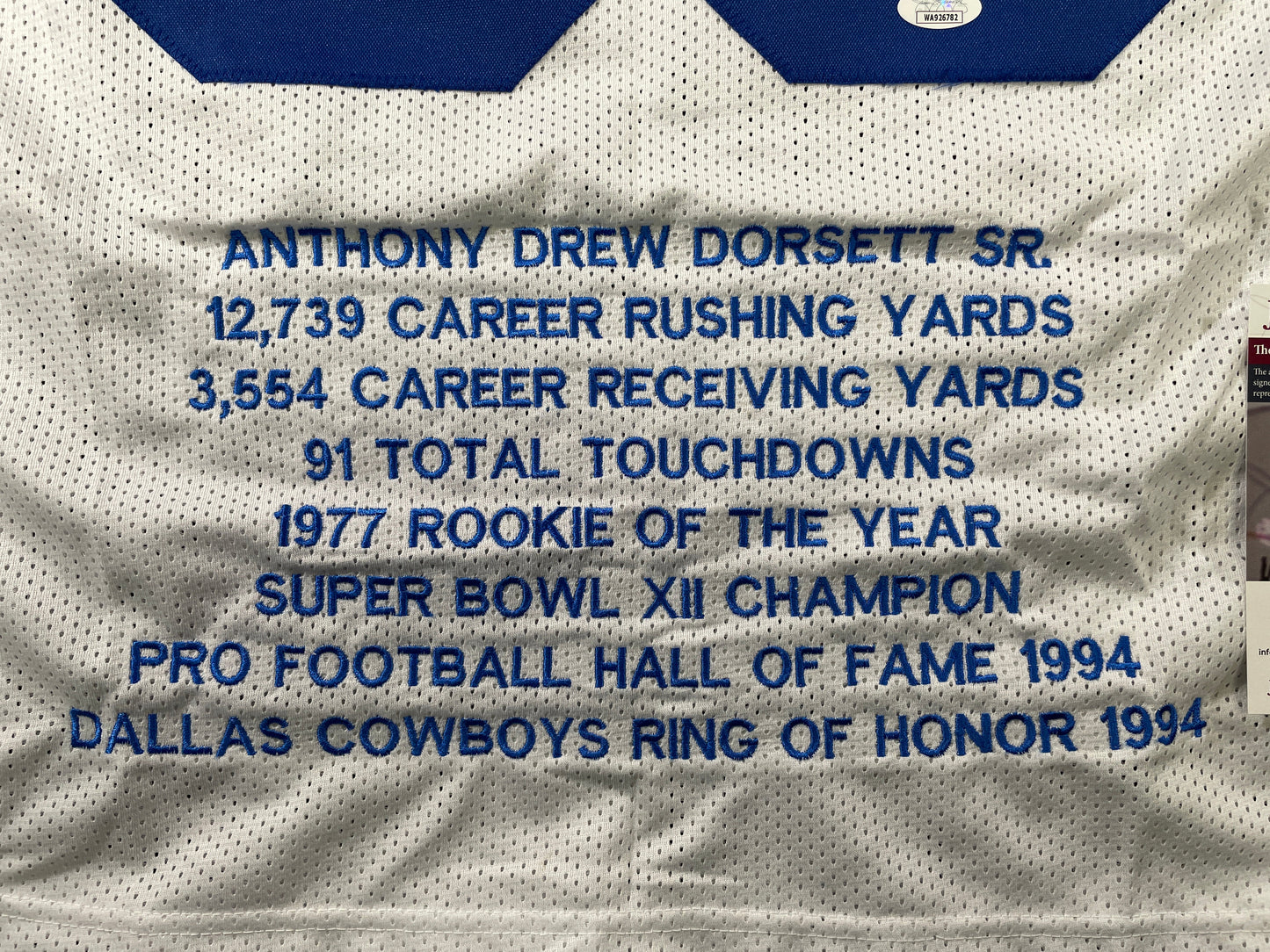 TONY DORSETT DALLAS COWBOYS SIGNED HOME STAT JERSEY Pitt Panthers JSA
