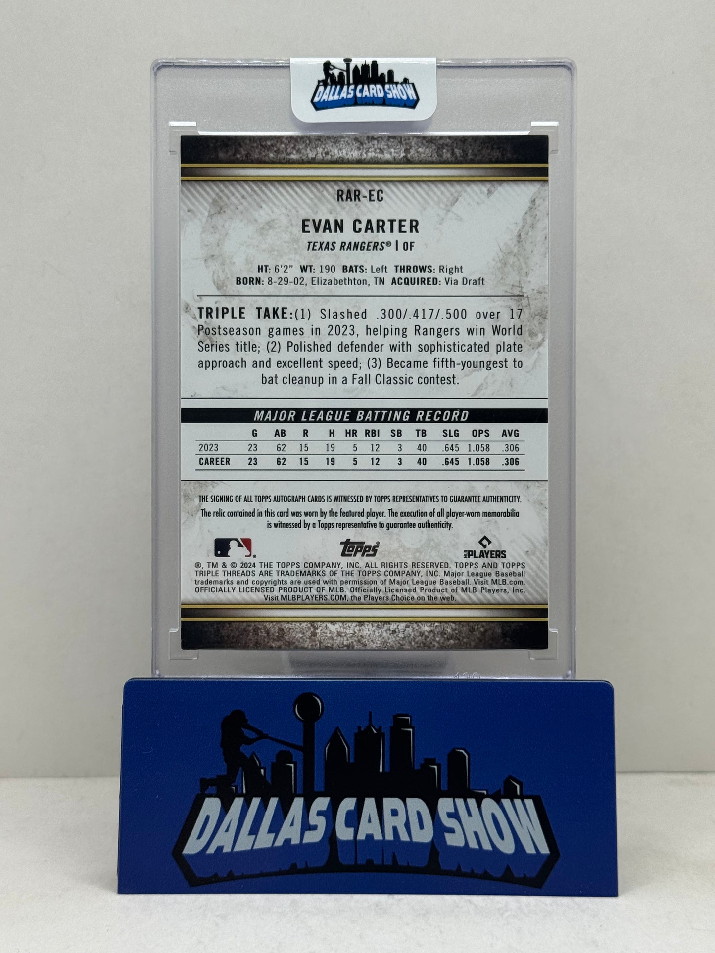 2024 Topps Triple Threads #RAR-EC Evan Carter Blue Rookie Patch Autograph /10