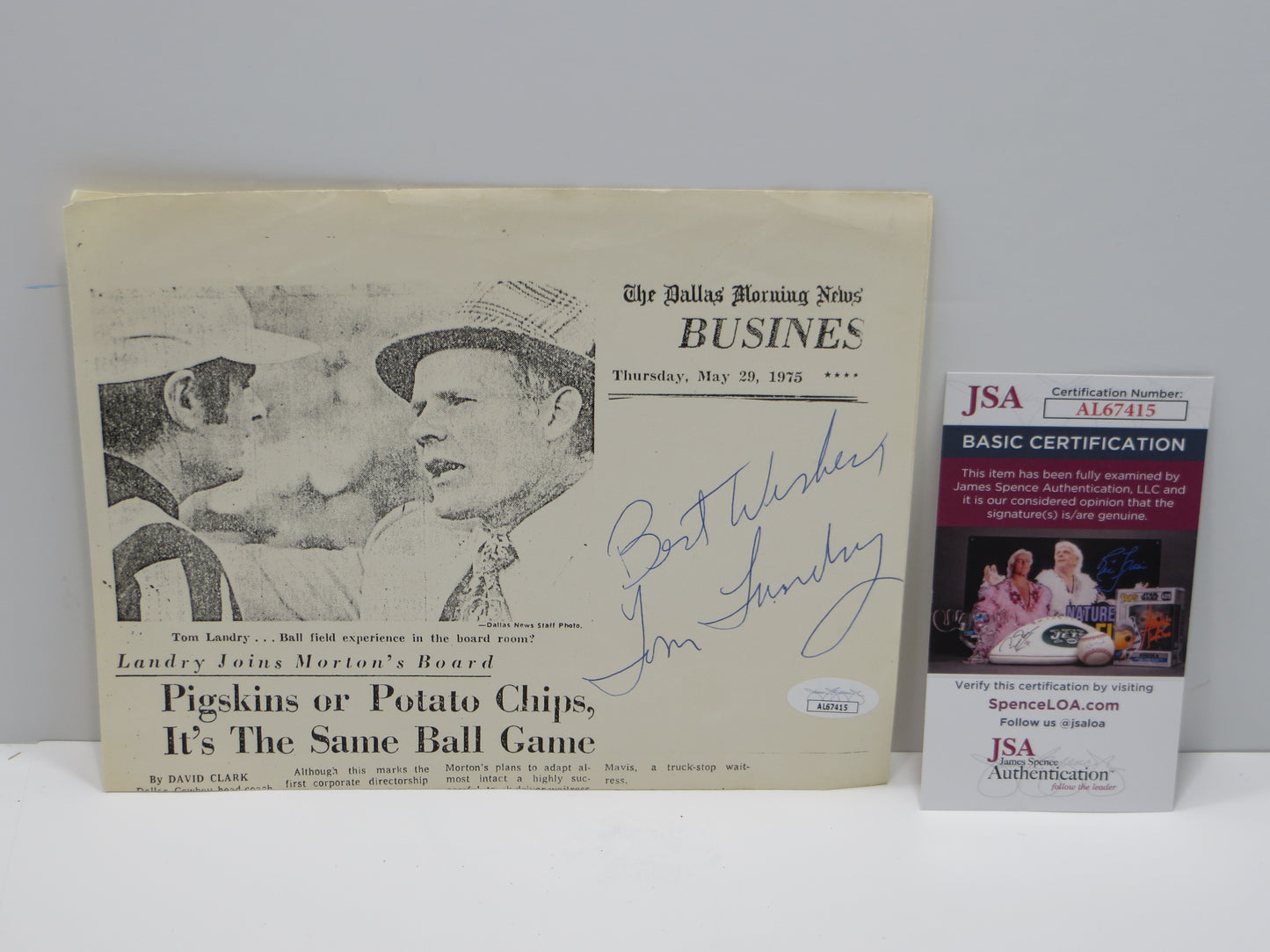 TOM LANDRY SIGNED DALLAS COWBOYS CUT DMN Newspaper Article Print JSA COA