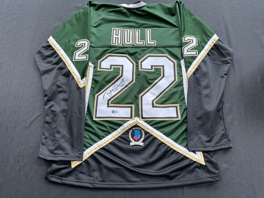 BRETT HULL SIGNED GREEN HOCKEY JERSEY Dallas Stars BAS