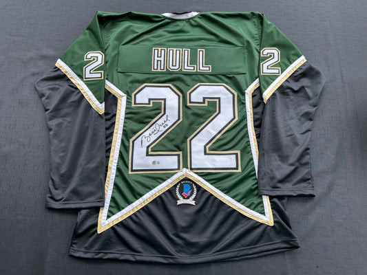 BRETT HULL SIGNED GREEN HOCKEY JERSEY Dallas Stars BAS