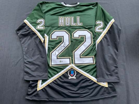 BRETT HULL SIGNED GREEN HOCKEY JERSEY Dallas Stars BAS
