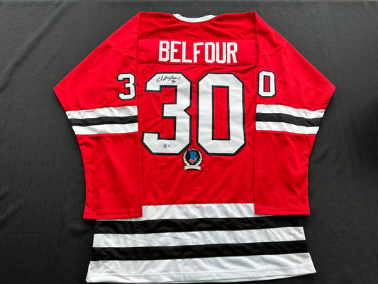 ED BELFOUR SIGNED RED Chicago Black Hawks Jersey BAS