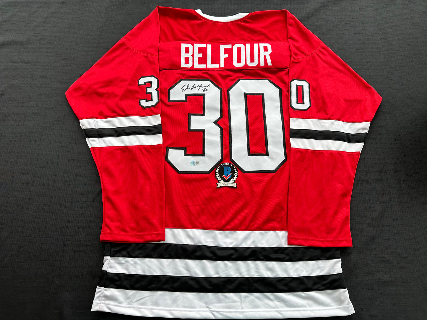 ED BELFOUR SIGNED RED Chicago Black Hawks Jersey BAS