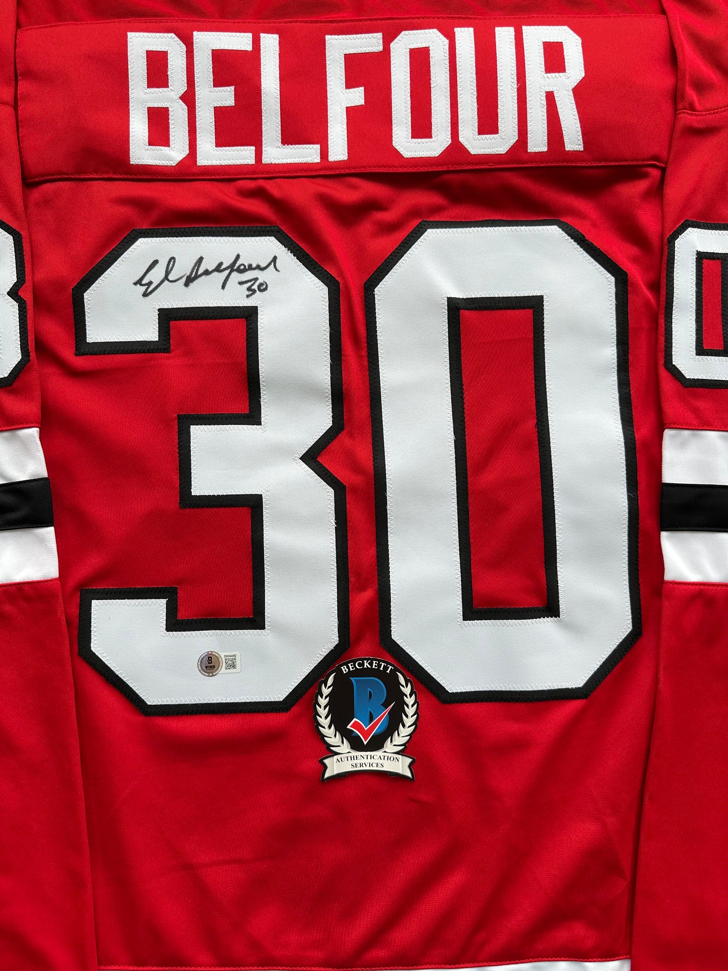ED BELFOUR SIGNED RED Chicago Black Hawks Jersey BAS