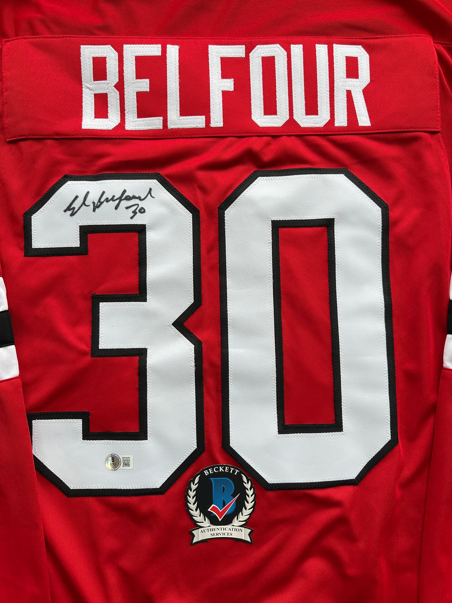 ED BELFOUR SIGNED RED Chicago Black Hawks Jersey BAS