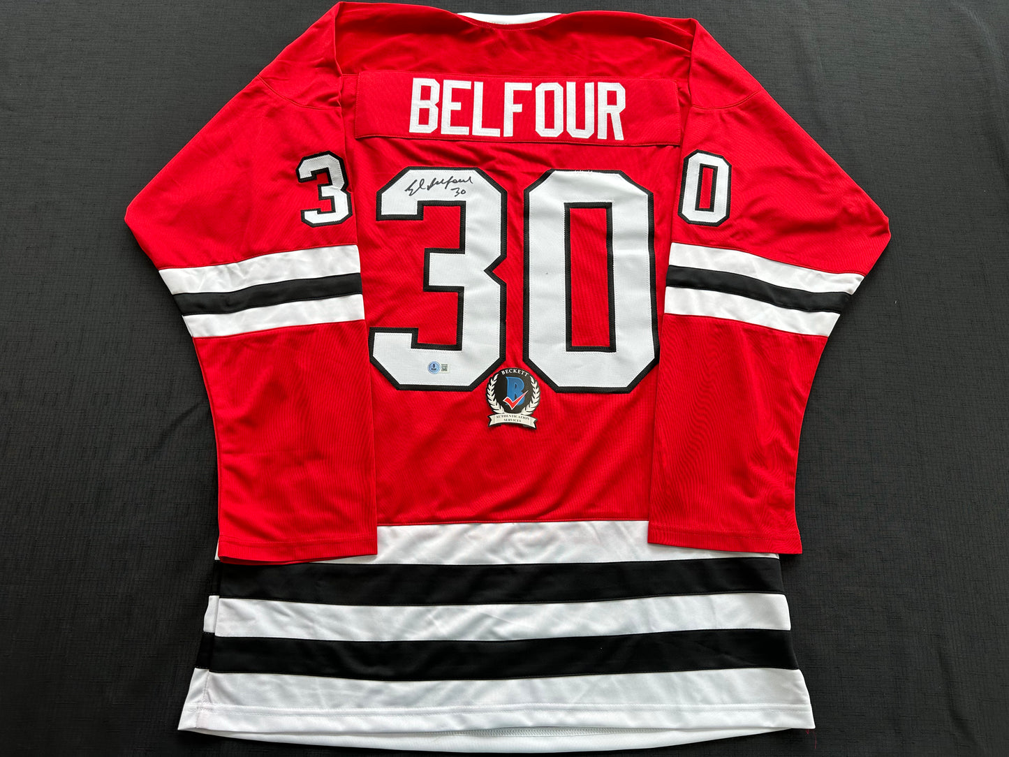 ED BELFOUR SIGNED RED Chicago Black Hawks Jersey BAS