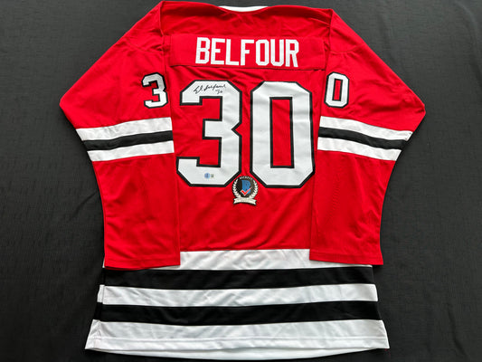 ED BELFOUR SIGNED RED Chicago Black Hawks Jersey BAS