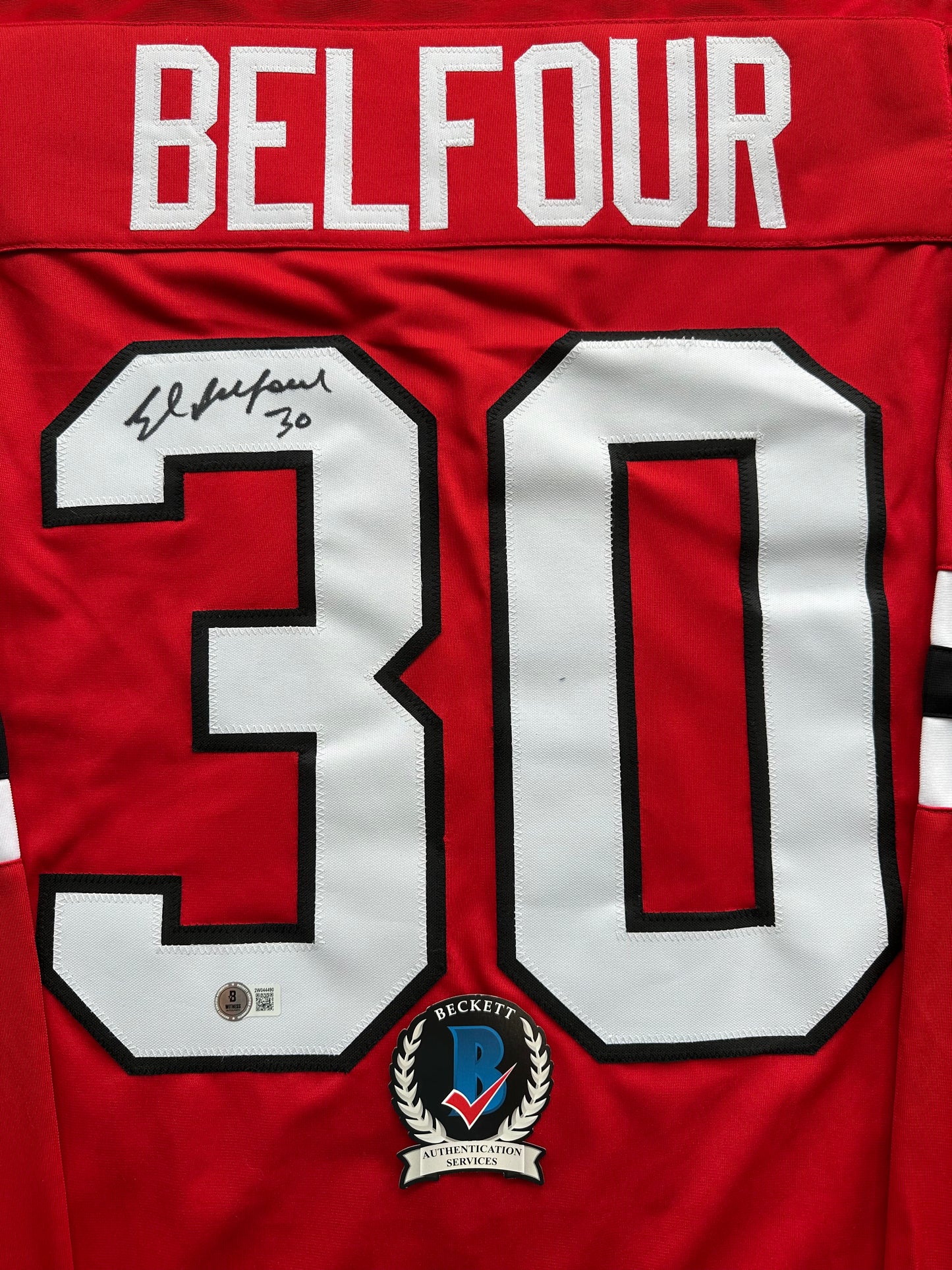 ED BELFOUR SIGNED RED Chicago Black Hawks Jersey BAS