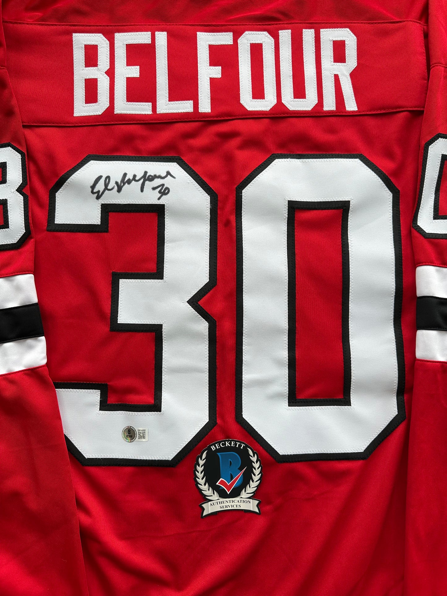 ED BELFOUR SIGNED RED Chicago Black Hawks Jersey BAS