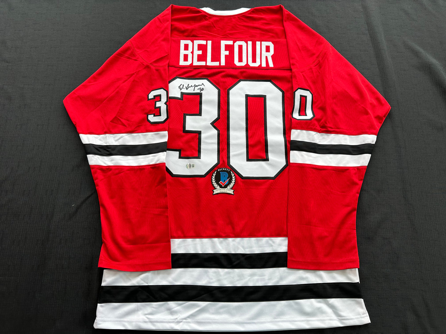 ED BELFOUR SIGNED RED Chicago Black Hawks Jersey BAS