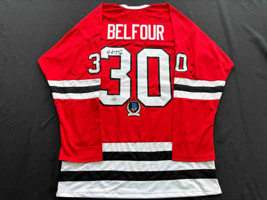 ED BELFOUR SIGNED RED Chicago Black Hawks Jersey BAS