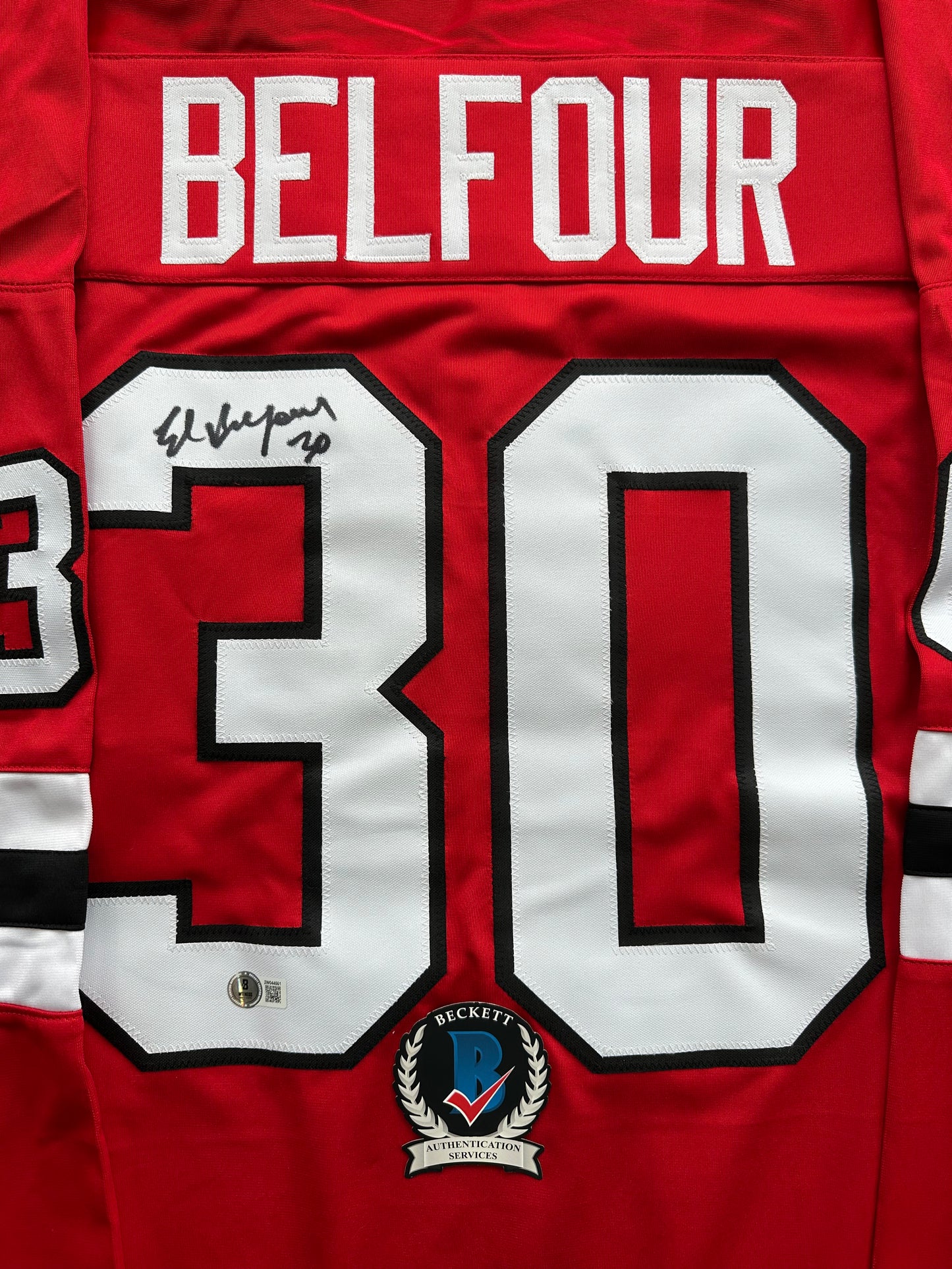 ED BELFOUR SIGNED RED Chicago Black Hawks Jersey BAS