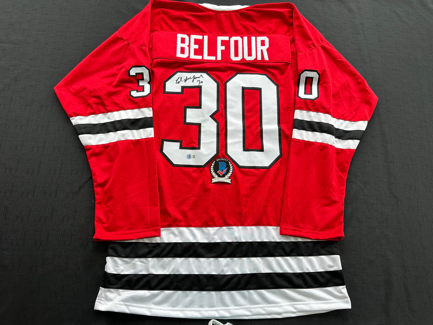 ED BELFOUR SIGNED RED Chicago Black Hawks Jersey BAS