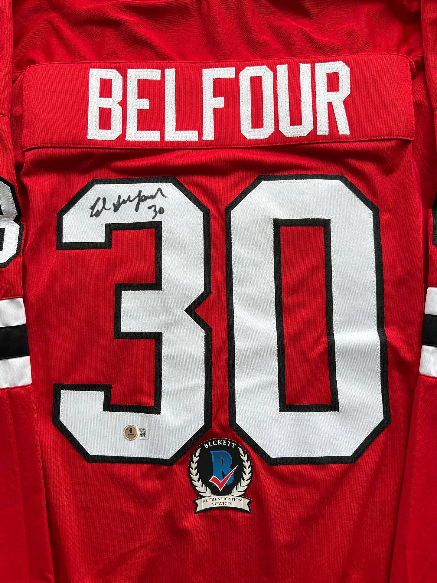 ED BELFOUR SIGNED RED Chicago Black Hawks Jersey BAS
