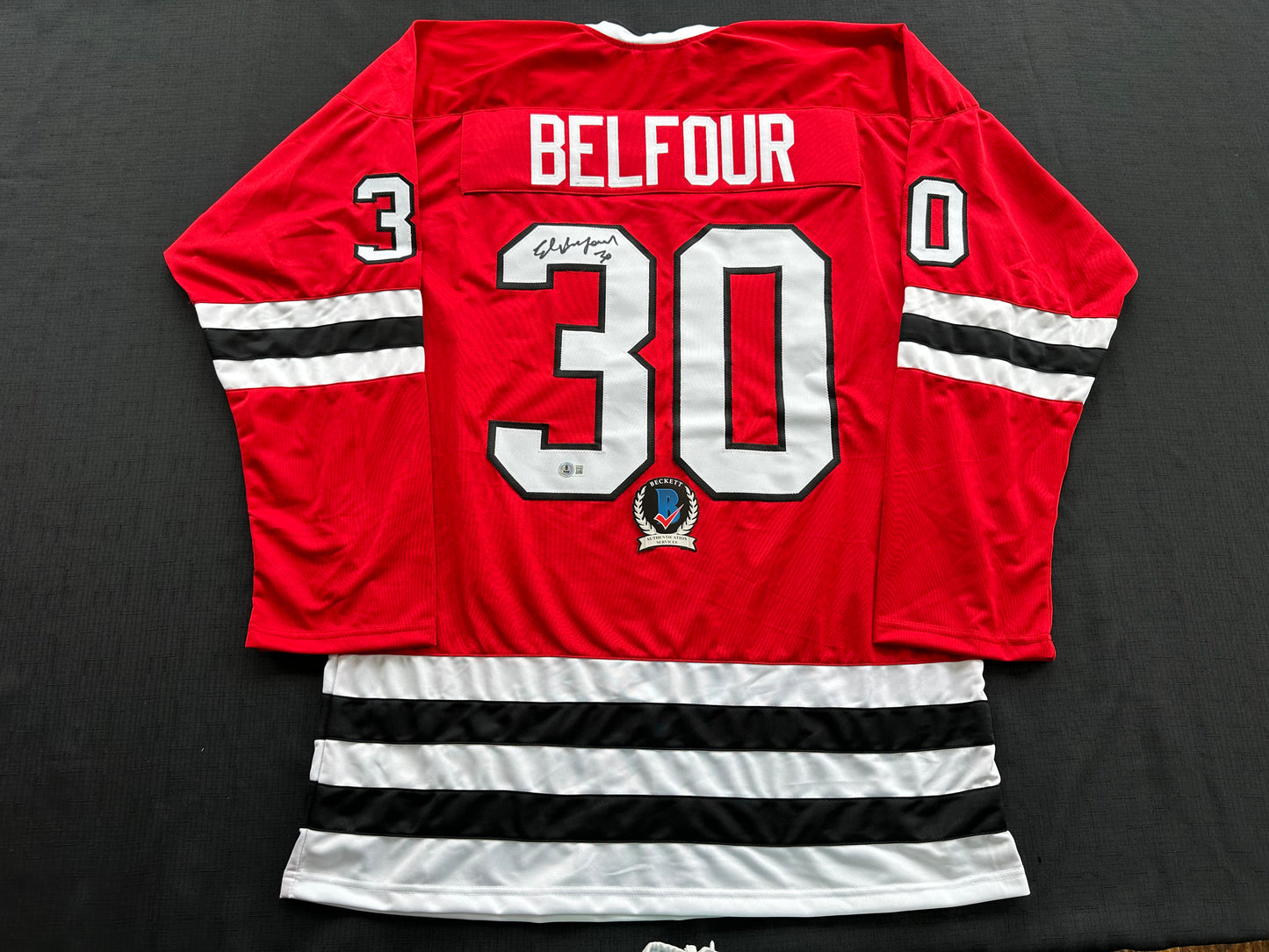 ED BELFOUR SIGNED RED Chicago Black Hawks Jersey BAS