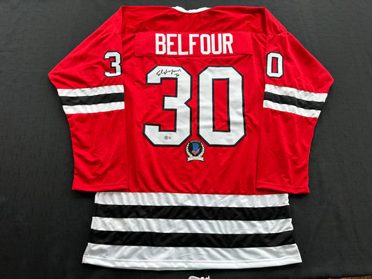 ED BELFOUR SIGNED RED Chicago Black Hawks Jersey BAS