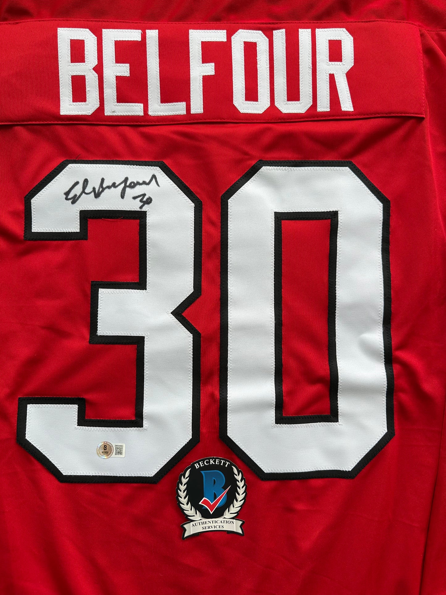 ED BELFOUR SIGNED RED Chicago Black Hawks Jersey BAS