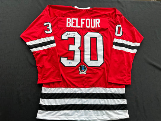 ED BELFOUR SIGNED RED Chicago Black Hawks Jersey BAS