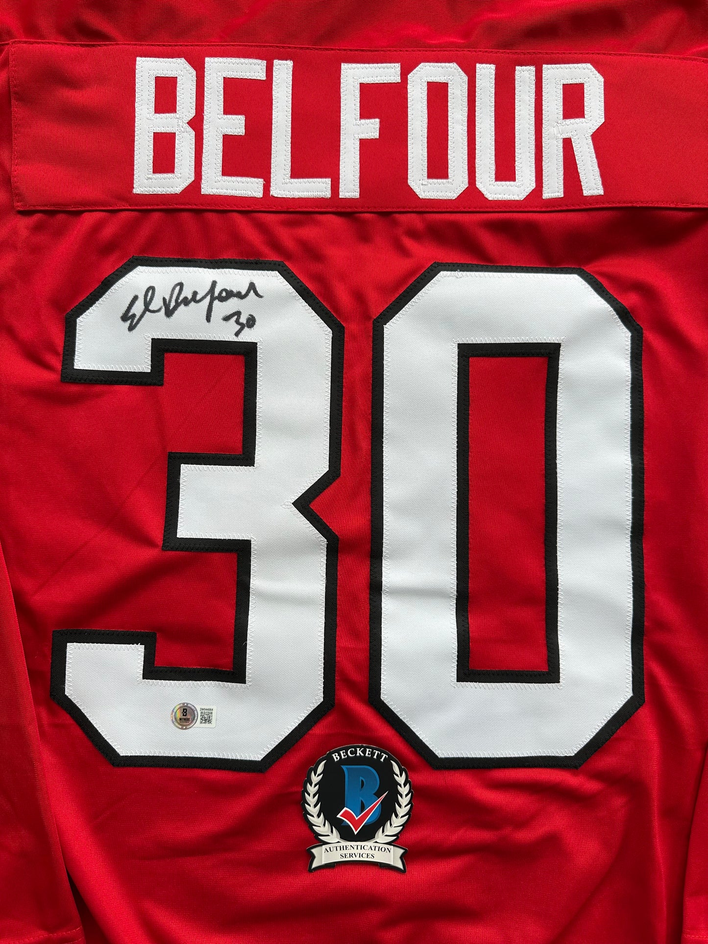 ED BELFOUR SIGNED RED Chicago Black Hawks Jersey BAS