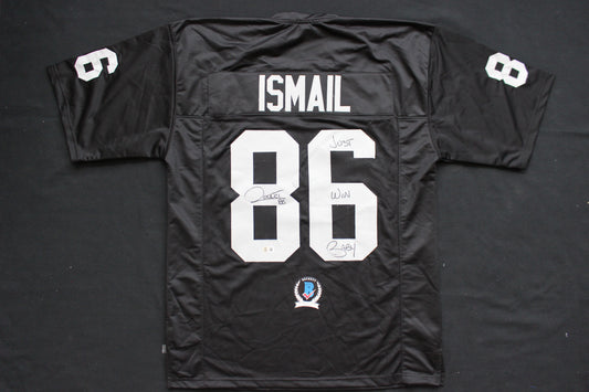 ROCKET ISMAIL RAIDERS SIGNED BLACK JERSEY w/JUST WIN BABY BAS COA