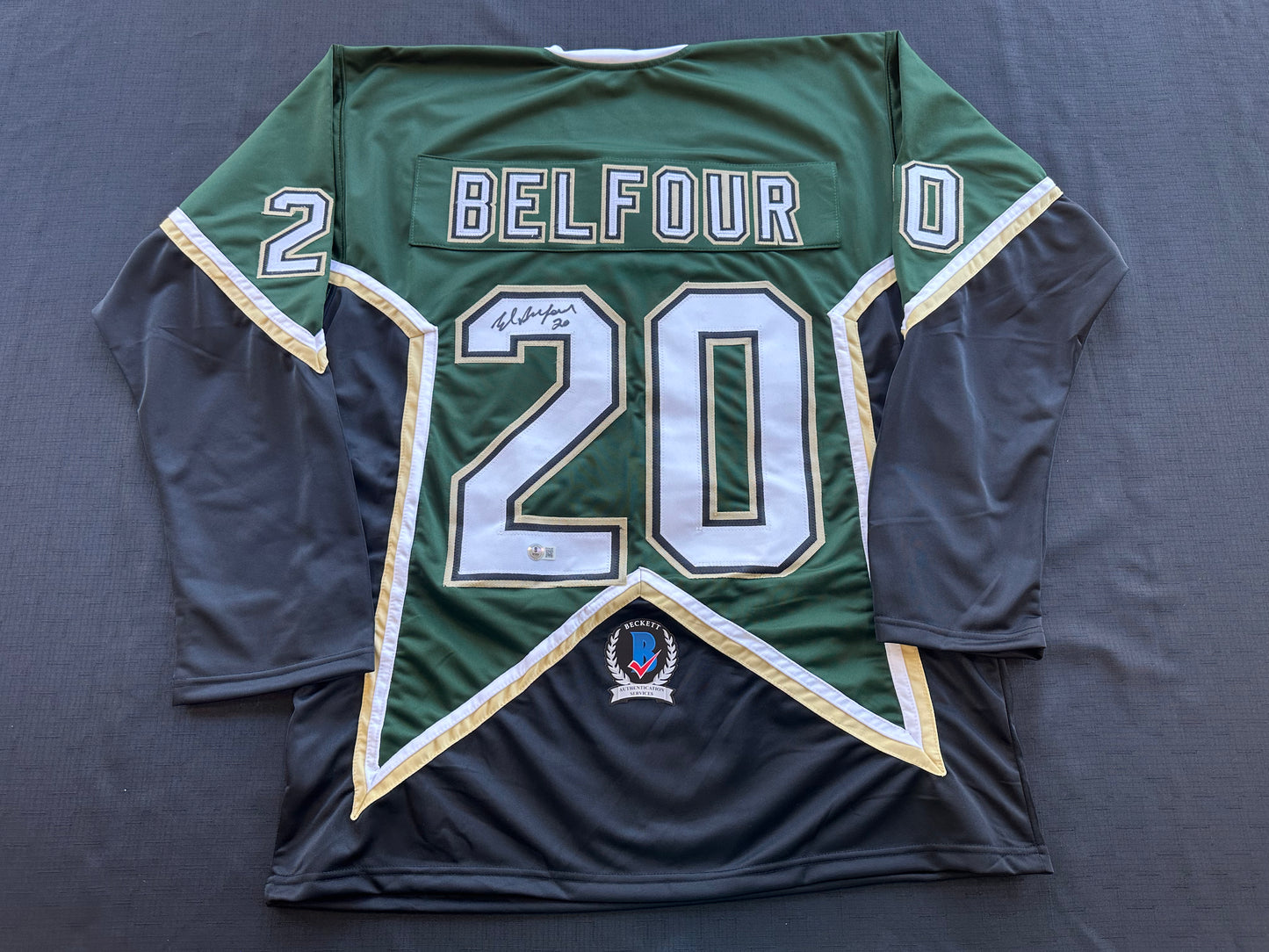 ED BELFOUR SIGNED GREEN HOCKEY JERSEY Dallas Stars BAS