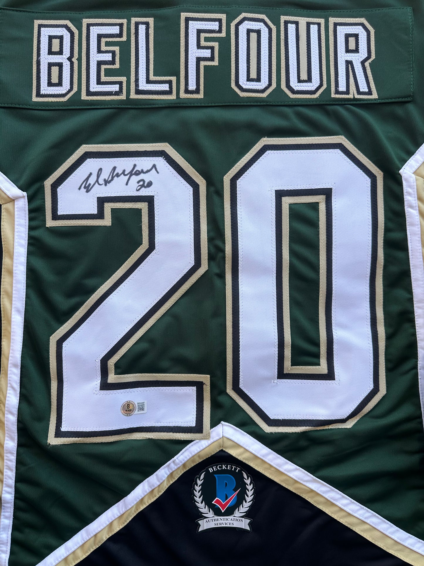 ED BELFOUR SIGNED GREEN HOCKEY JERSEY Dallas Stars BAS