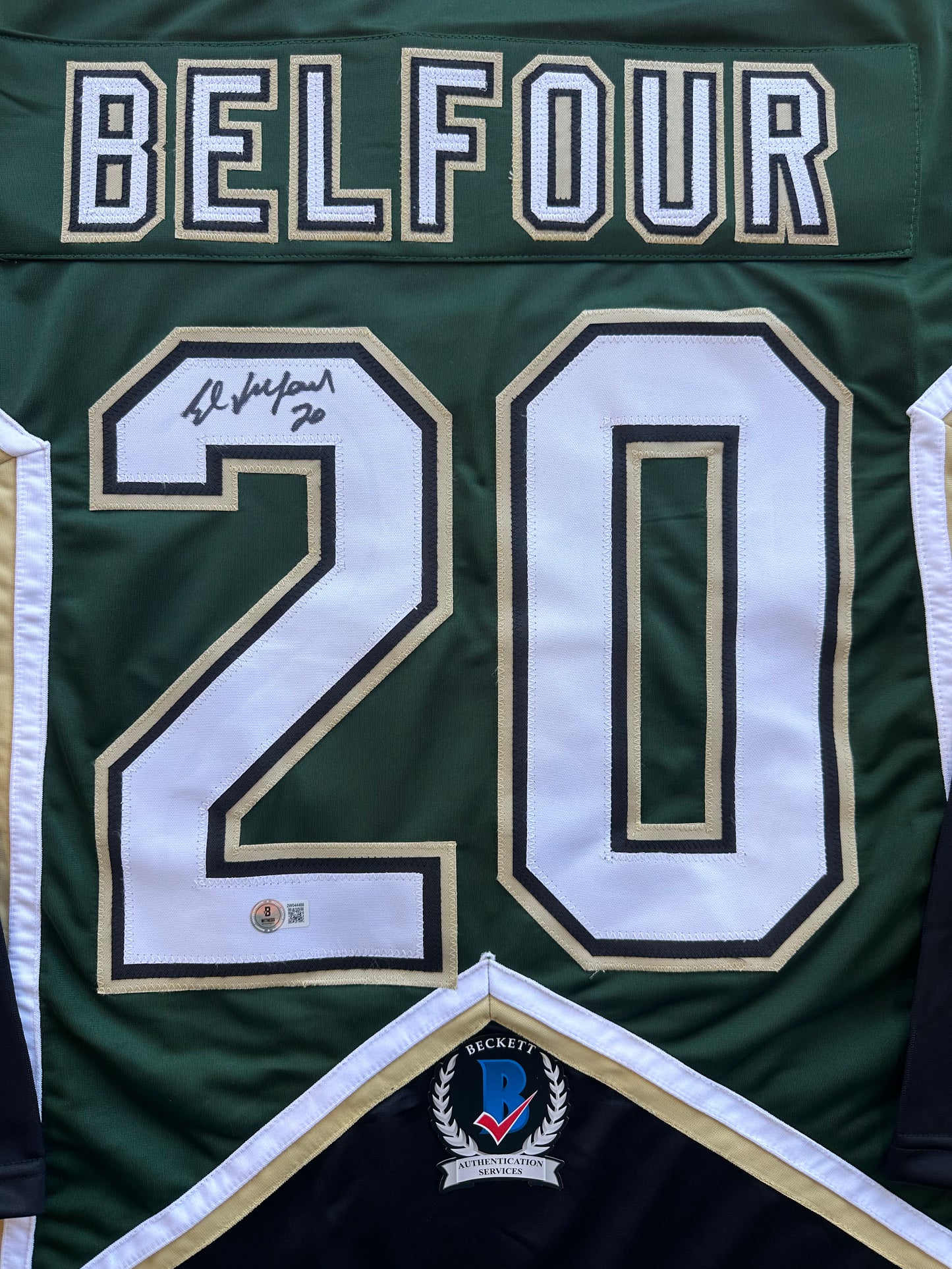 ED BELFOUR SIGNED GREEN HOCKEY JERSEY Dallas Stars BAS