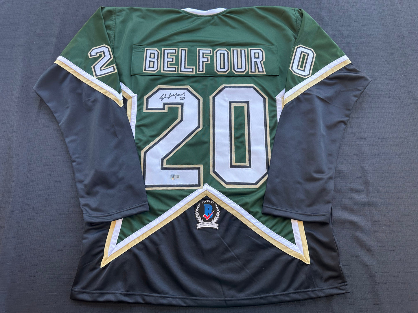 ED BELFOUR SIGNED GREEN HOCKEY JERSEY Dallas Stars BAS