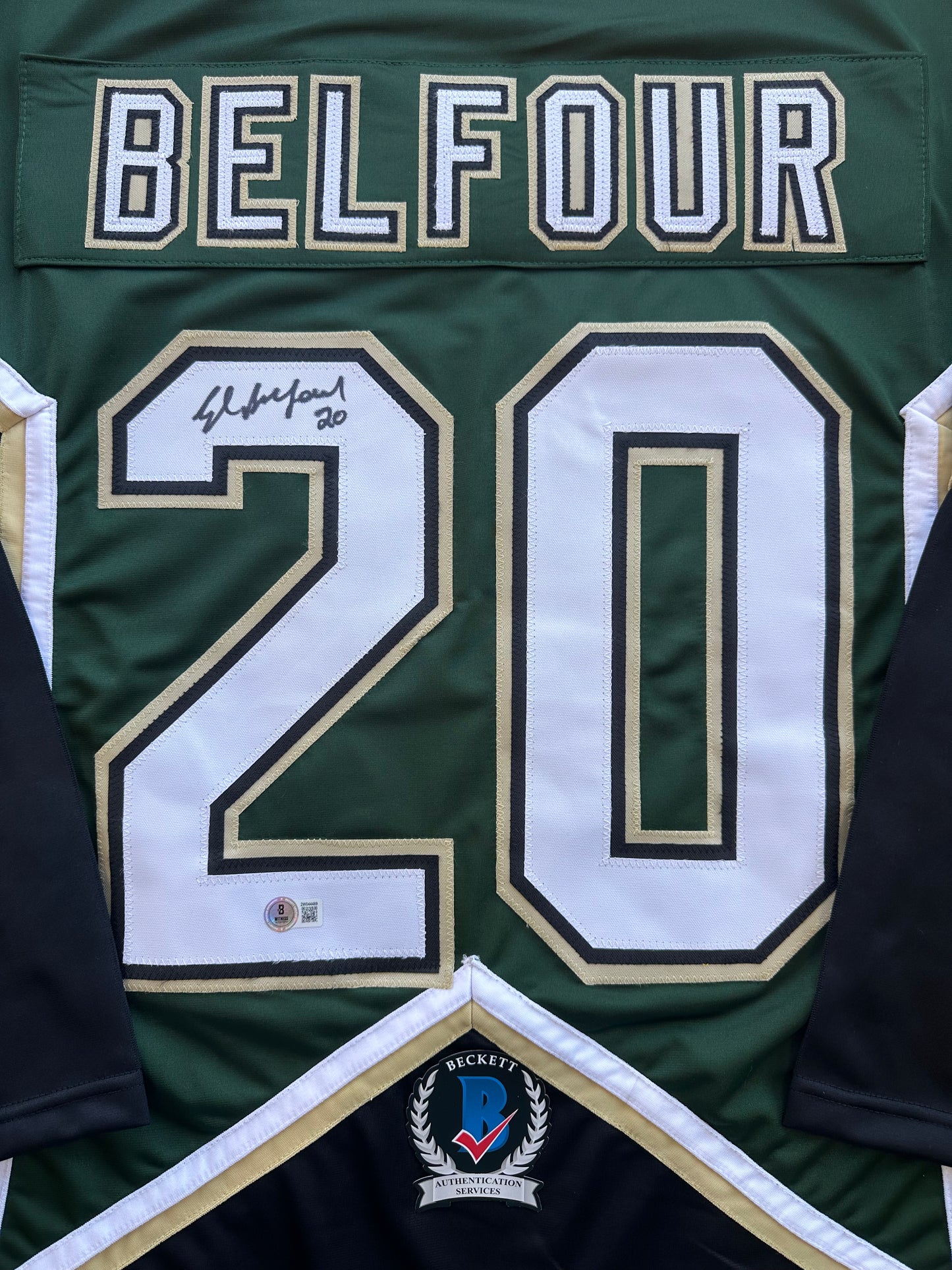 ED BELFOUR SIGNED GREEN HOCKEY JERSEY Dallas Stars BAS