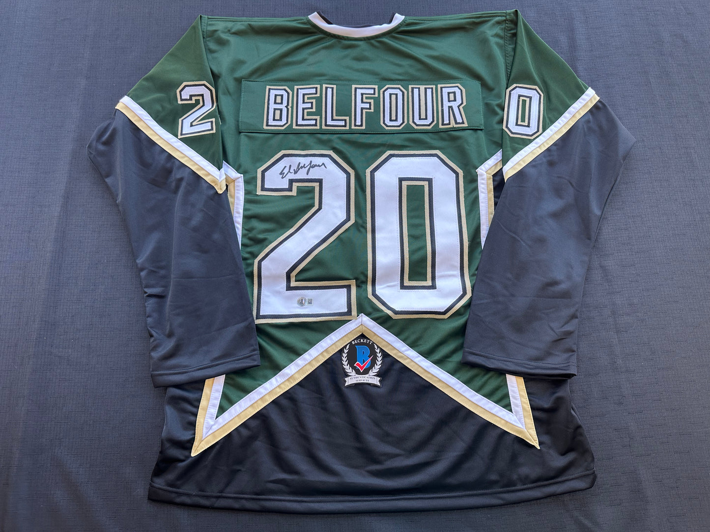 ED BELFOUR SIGNED GREEN HOCKEY JERSEY Dallas Stars BAS