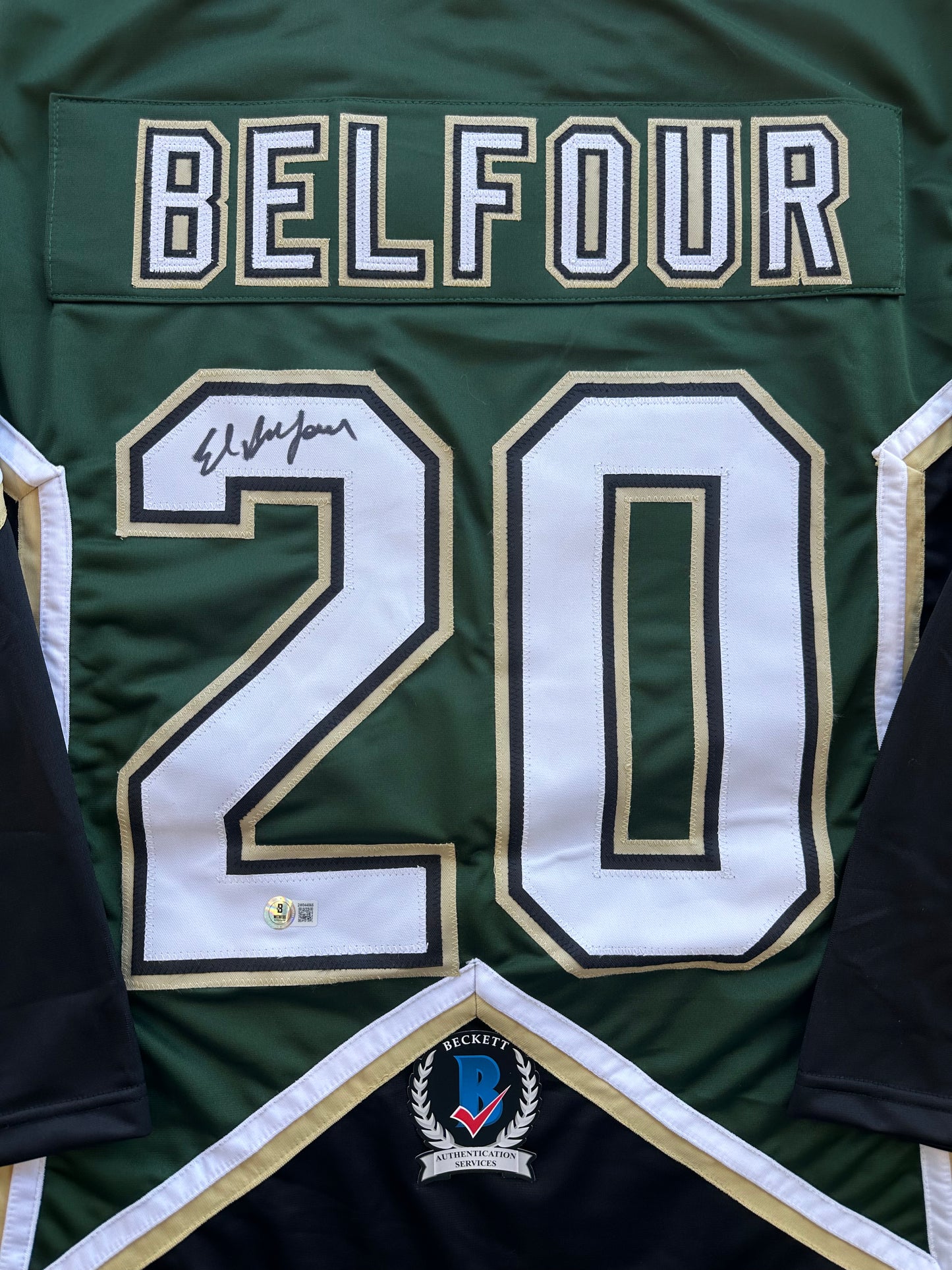 ED BELFOUR SIGNED GREEN HOCKEY JERSEY Dallas Stars BAS
