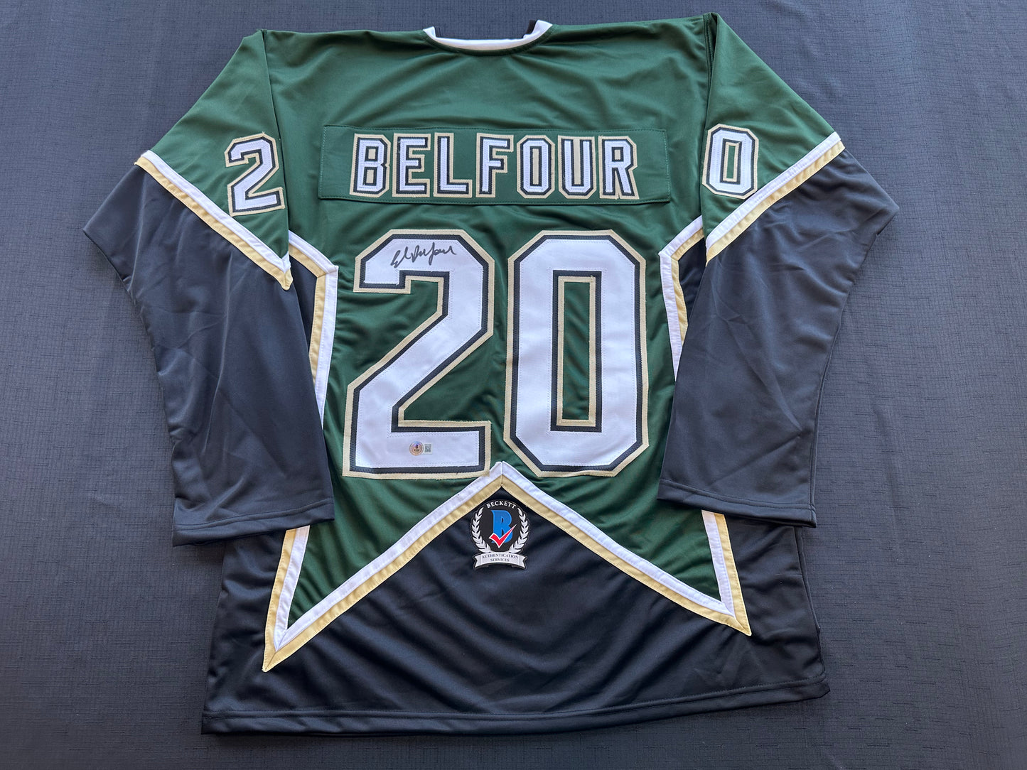 ED BELFOUR SIGNED GREEN HOCKEY JERSEY Dallas Stars BAS