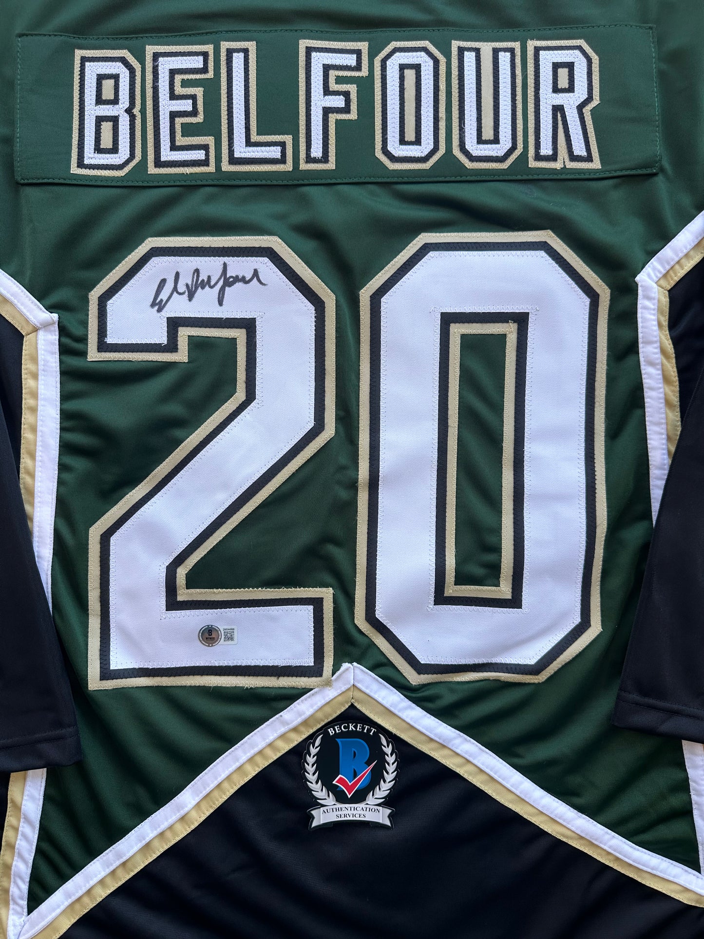 ED BELFOUR SIGNED GREEN HOCKEY JERSEY Dallas Stars BAS