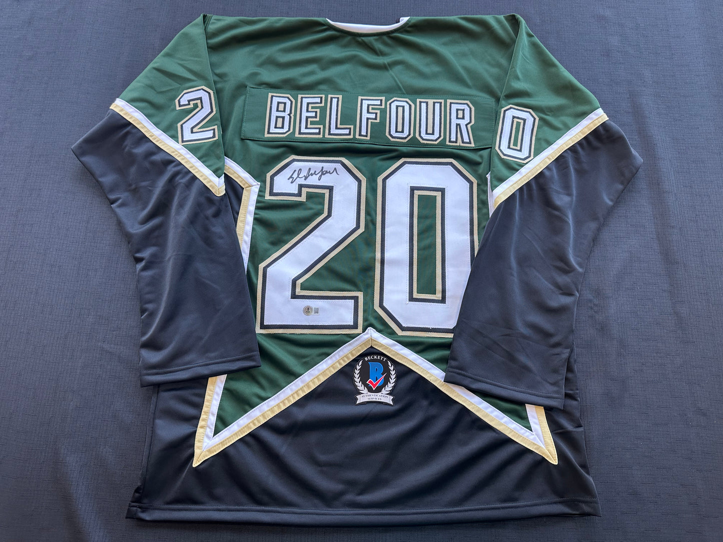 ED BELFOUR SIGNED GREEN HOCKEY JERSEY Dallas Stars BAS
