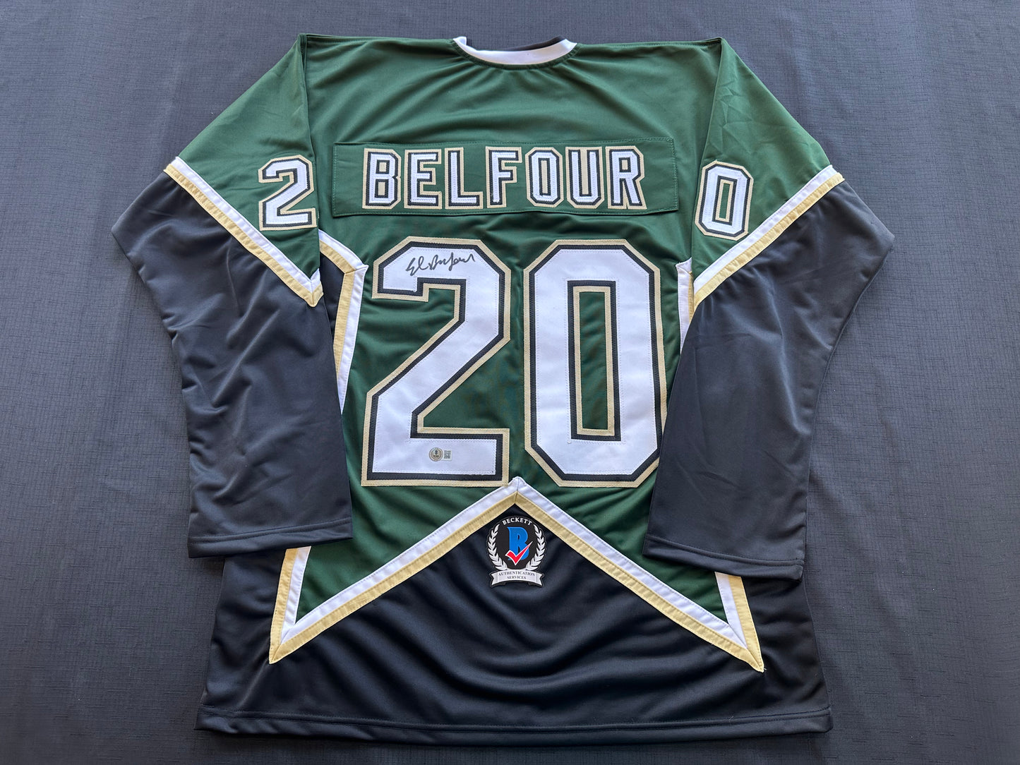 ED BELFOUR SIGNED GREEN HOCKEY JERSEY Dallas Stars BAS