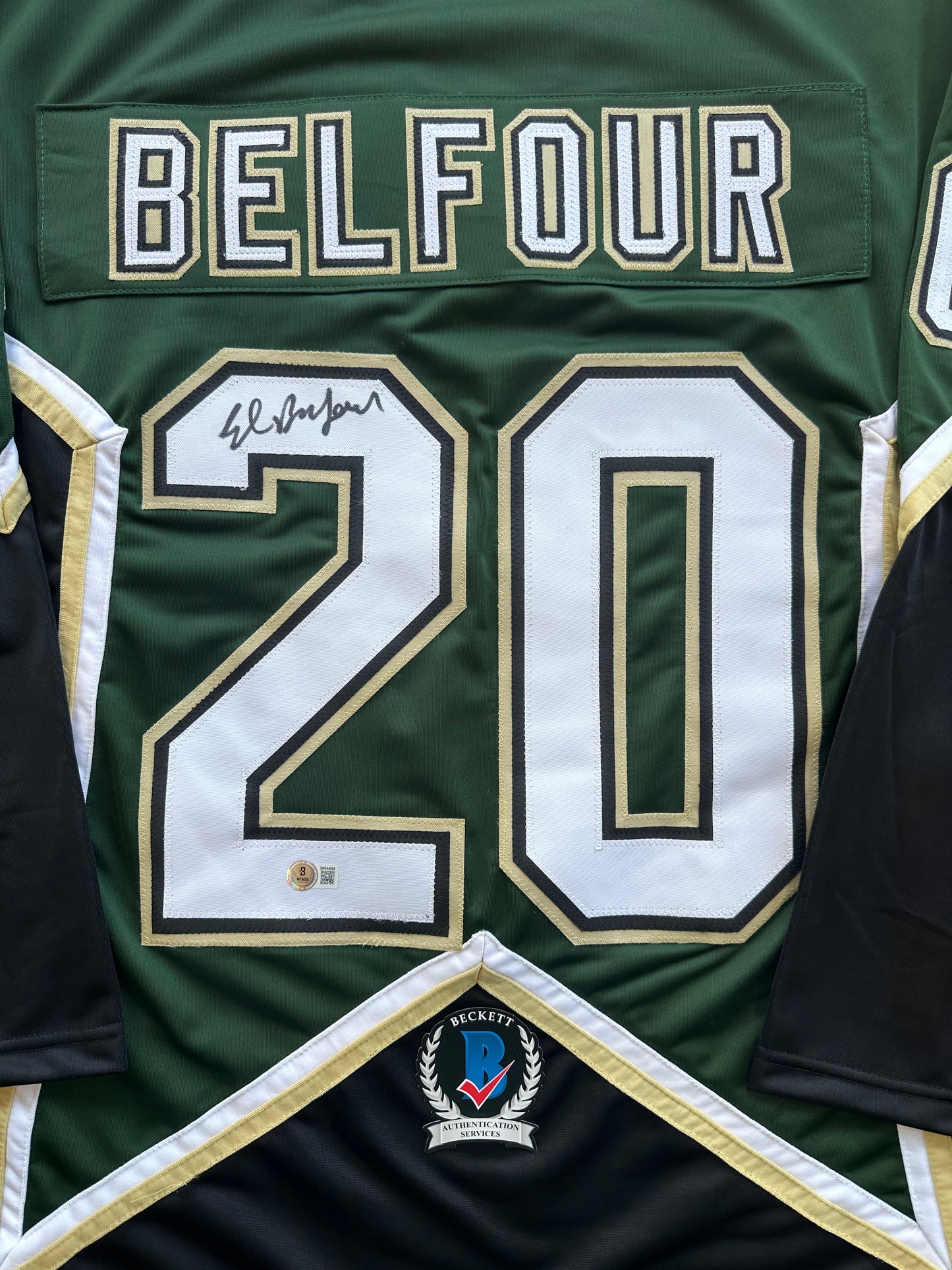 ED BELFOUR SIGNED GREEN HOCKEY JERSEY Dallas Stars BAS