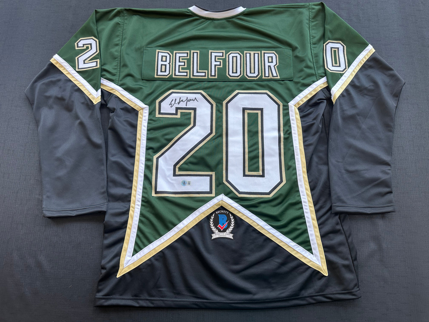 ED BELFOUR SIGNED GREEN HOCKEY JERSEY Dallas Stars BAS