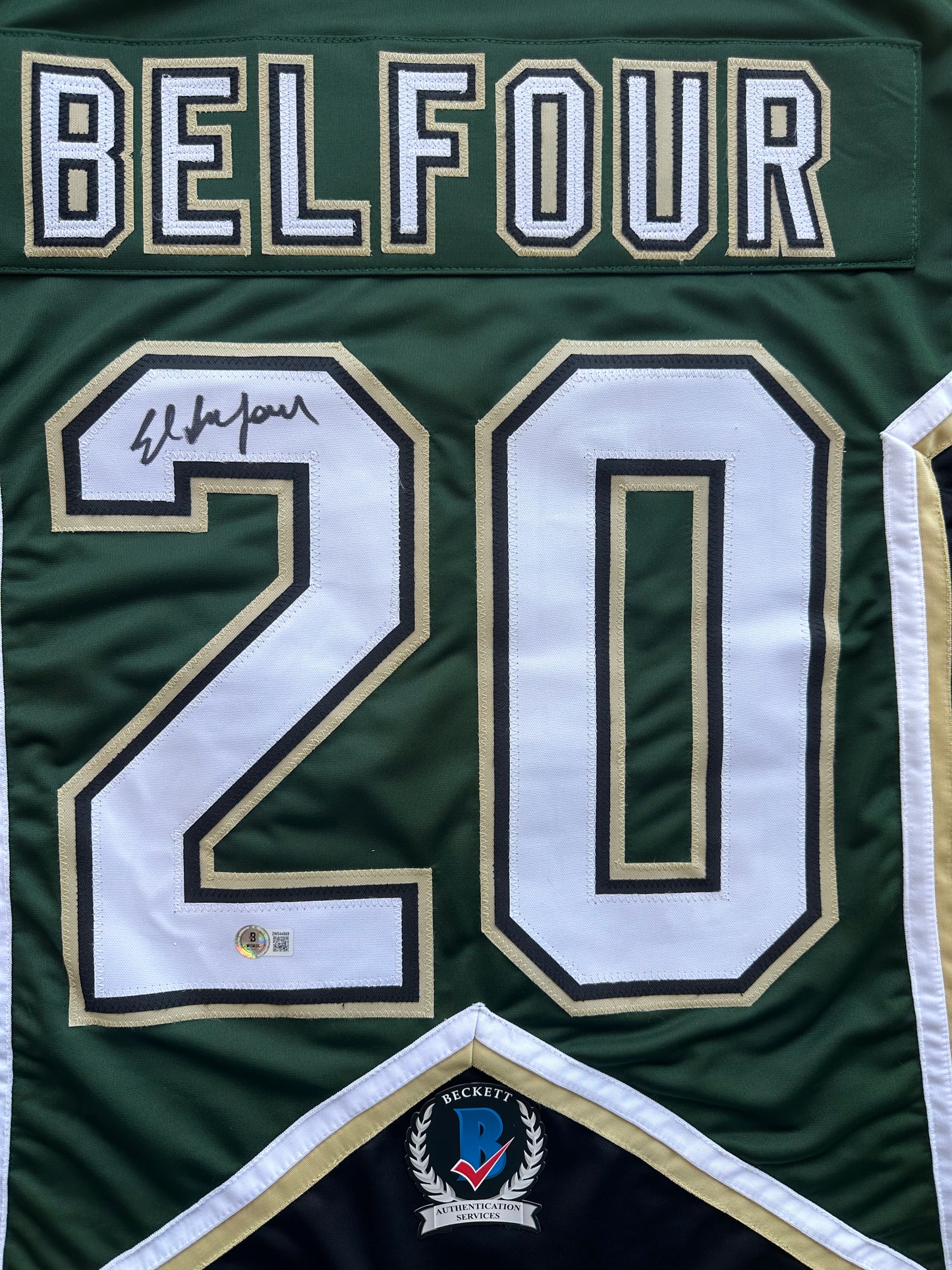 ED BELFOUR SIGNED GREEN HOCKEY JERSEY Dallas Stars BAS