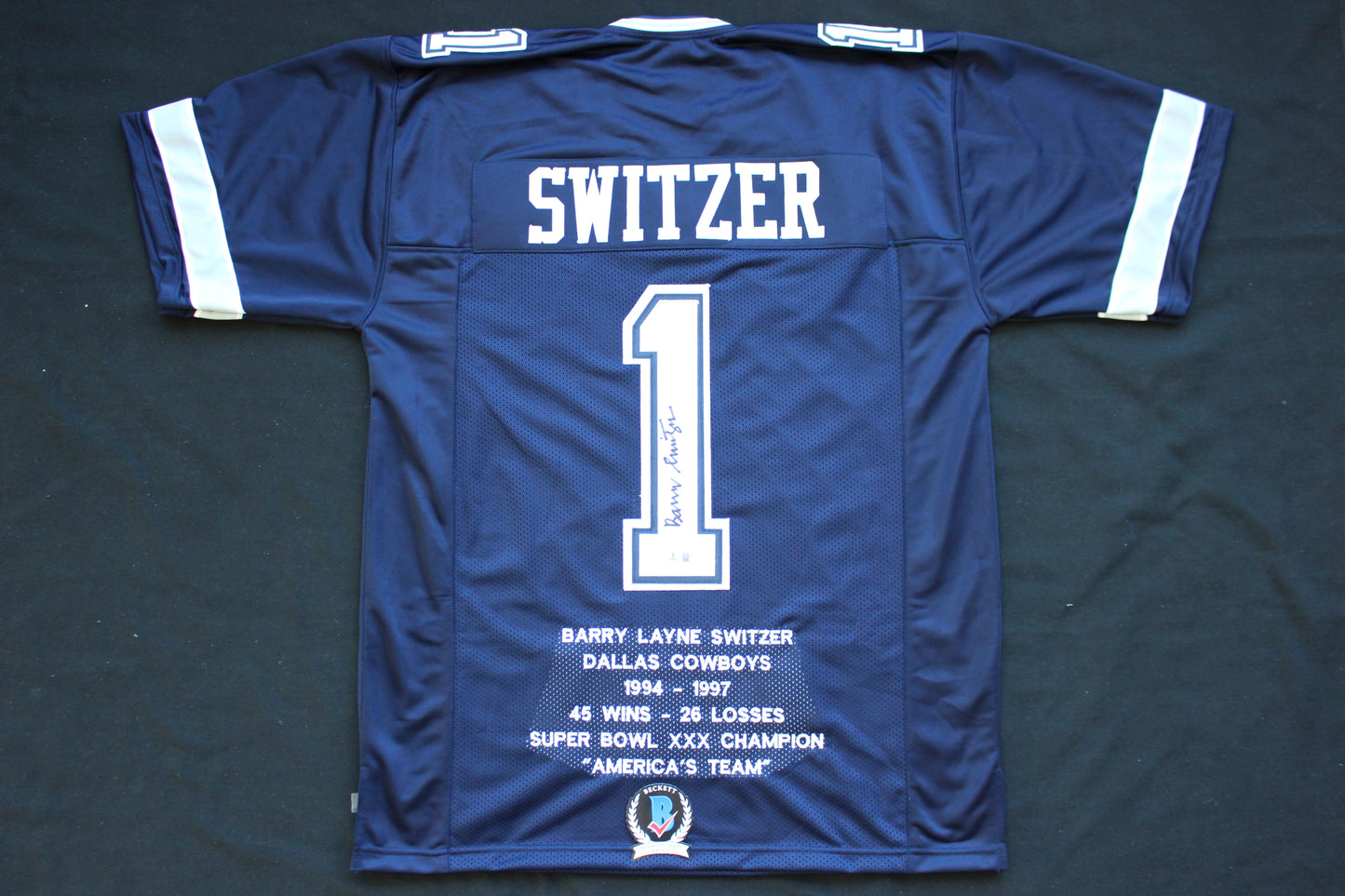 BARRY SWITZER DALLAS COWBOYS SIGNED ROAD STATS JERSEY Sooners BAS COA