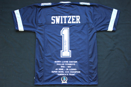 BARRY SWITZER DALLAS COWBOYS SIGNED ROAD STATS JERSEY Sooners BAS COA