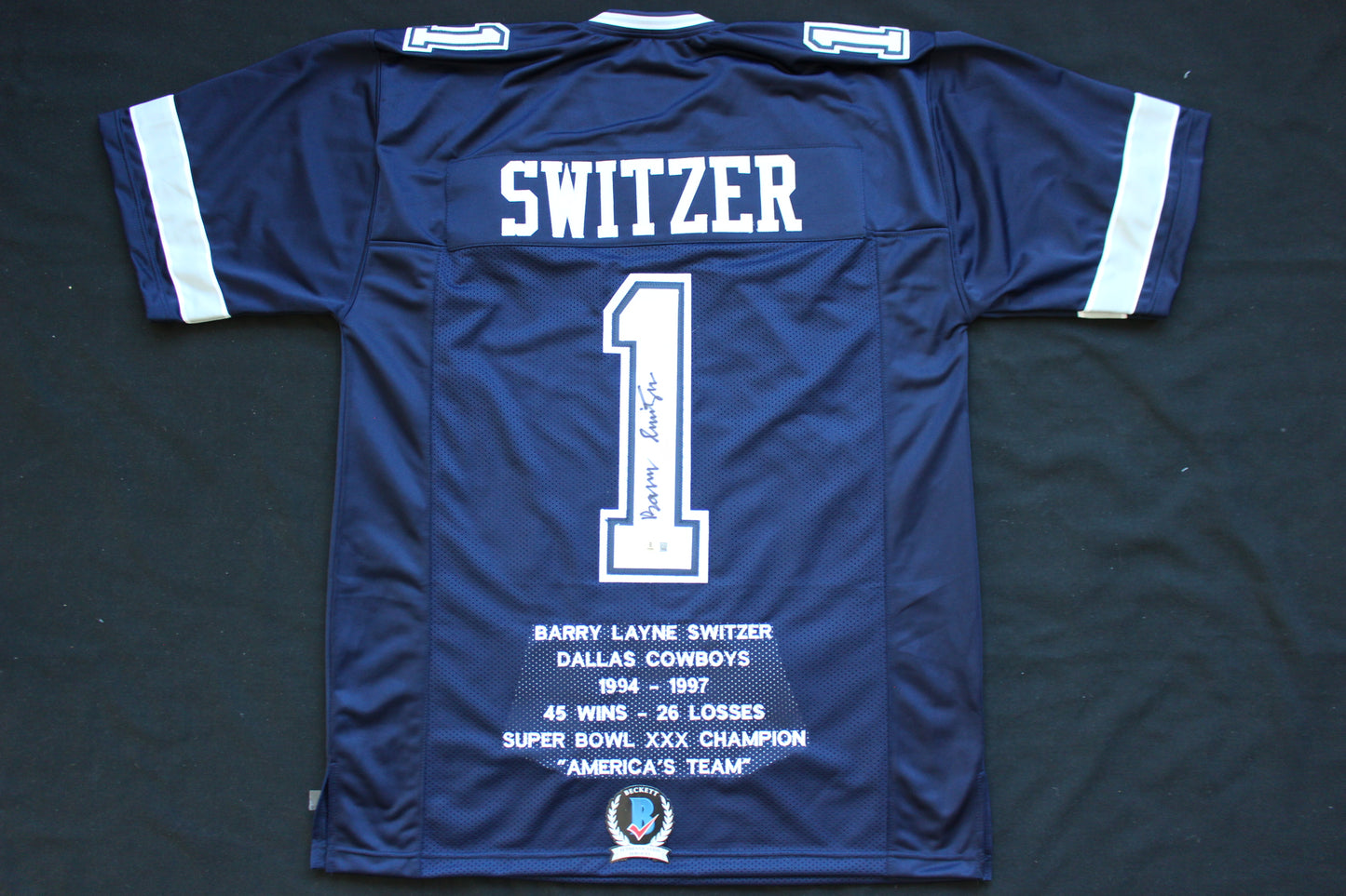 BARRY SWITZER DALLAS COWBOYS SIGNED ROAD STATS JERSEY Sooners BAS COA